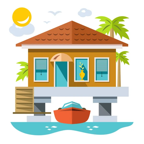 Home over water met jacht. Kleurrijke Cartoon vectorillustratie-vlakke stijl. — Stockvector