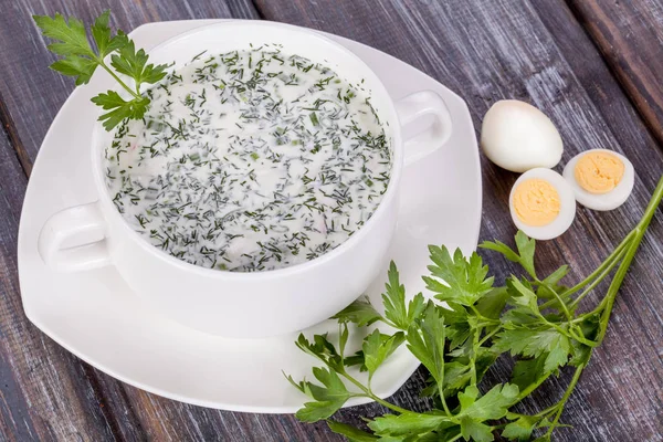 Russische kalte Suppe okroshka Stockbild