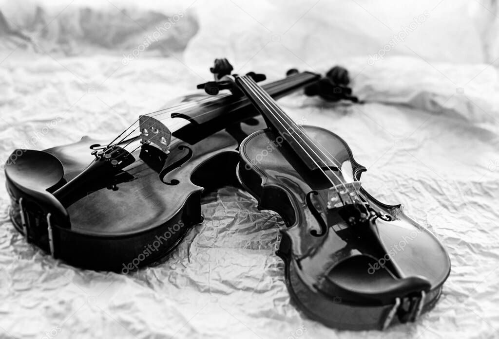 The abstract art design background of two violins put on grunge surface background,black and white tone,vintage and art style,blurry light around