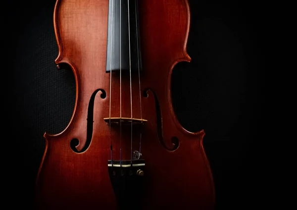 木制小提琴放在黑色帆布的背景上 展示了弦乐器的正面 复古风格和艺术风格 周围的光线模糊不清 — 图库照片