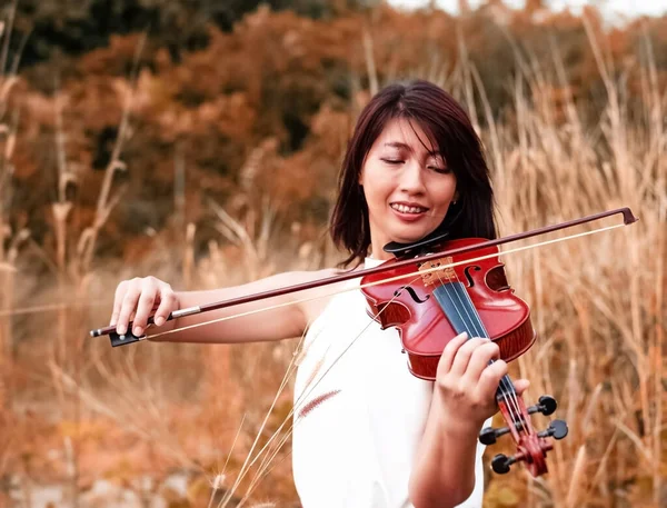 Abstract Art Design Background Beautiful Woman Playing Violin Smile Happy — Stock Photo, Image