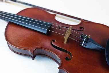 Beyaz arkaplana yerleştirilmiş ahşap keman, bulanık pruvanın önünde, telin ön tarafını göster