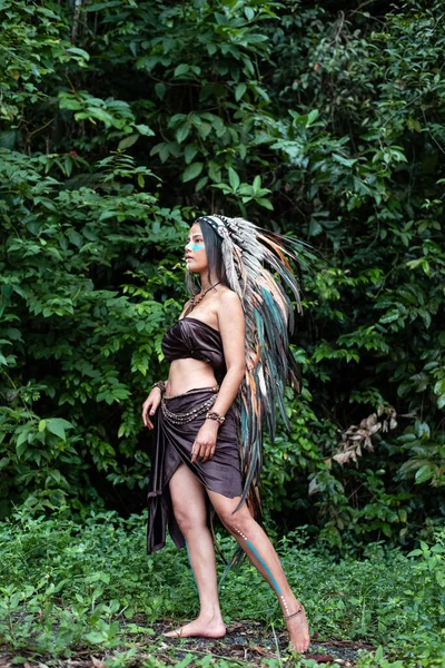 Beautiful Woman Wearing Headdress Feathers Birds Painted Blue Color Her — Stock Photo, Image