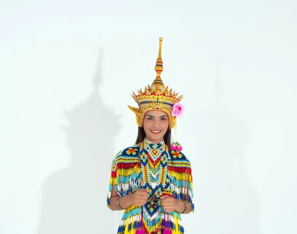 Bela Mulher Vestindo Tailandês Tradição Traje Sul Colocar Cobertura Para — Fotografia de Stock