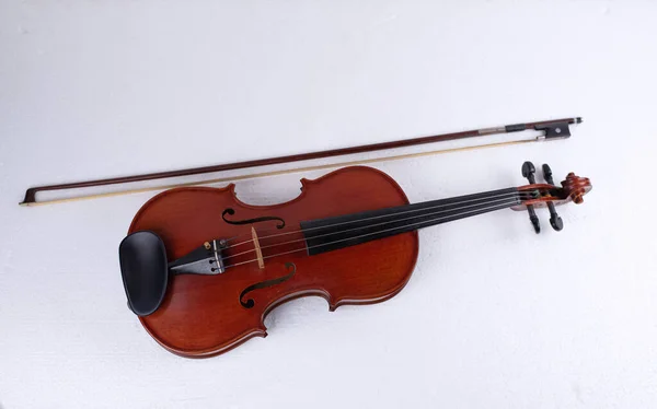 Violin Och Båge Bakgrunden Visa Detalj Stränginstrument — Stockfoto