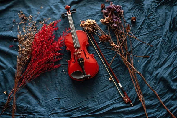 Violin and bow put beside dried flower on grunge surface background,vintage and art tone,classic style.