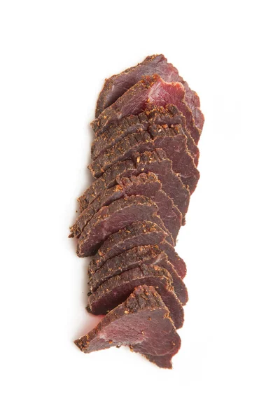 Beef Biltong Südafrikanisches Rindfleisch Ruckartig Isoliert Auf Weißem Studiohintergrund — Stockfoto