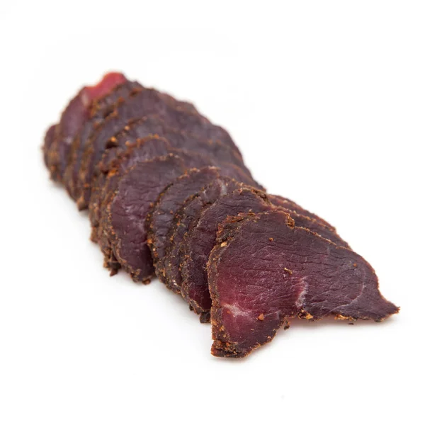 Beef Biltong Südafrikanisches Rindfleisch Ruckartig Isoliert Auf Weißem Studiohintergrund — Stockfoto