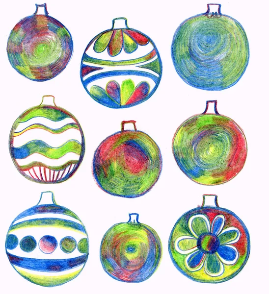 Karácsonyi firka háttér. Karácsonyi labdák kézzel rajzolt gyerekes vázlat stílusban. Meghívó, üdvözlő fekete dekoratív kártya. Absztrakt lineáris színes illusztráció — Stock Fotó