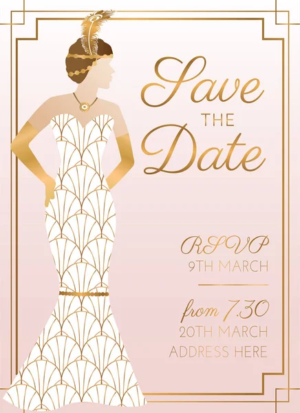 Pink Save the Date Svatební pozvánka Design s ženou v Brida — Stockový vektor