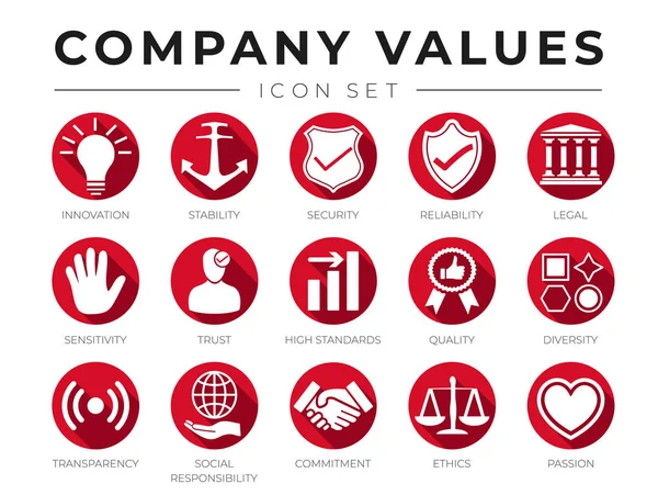 Icône plate d'affaires Ensemble de valeurs fondamentales de l'entreprise. Innovation, Stabi — Image vectorielle