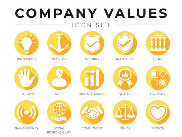 Set di icone dei valori fondamentali dell'azienda piatta. Innovazione, stabilità, Securi — Vettoriale Stock