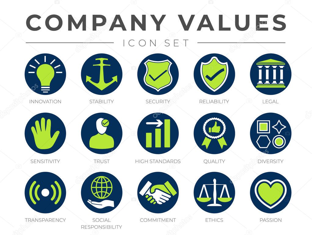 Round Core Values Business Company Icon Set. Innovation, Stability, Security, Reliability, Legal, Sensitivity, Trust, High Standard, Quality, Diversity, Transparency, Social Responsibility, Commitment, Ethics, Passion Color Icons.