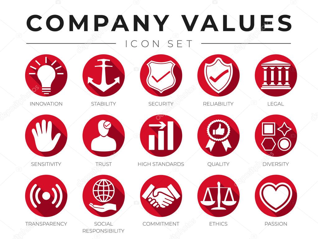 Business Flat Icon Set of Company Core Values. Innovation, Stability, Security, Reliability, Legal, Sensitivity, Trust, High Standard, Quality, Diversity, Transparency, Social Responsibility, Commitment, Ethics, Passion Red Icons.