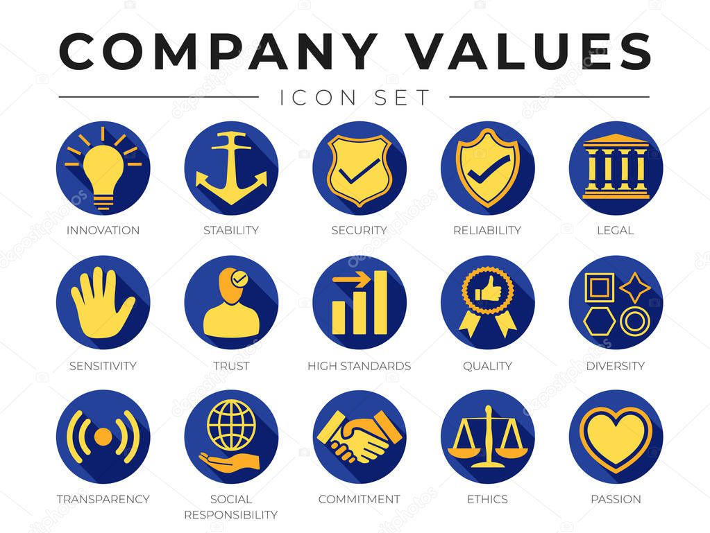 Flat Color Company Core Values icon Set. Innovation, Stability, Security, Reliability, Legal, Sensitivity, Trust, High Standard, Quality, Diversity, Transparency, Social Responsibility, Commitment, Ethics, Passion Icons.