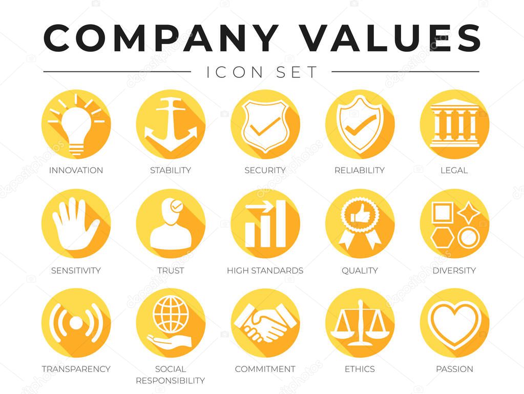 Flat Company Core Values icon Set. Innovation, Stability, Security, Reliability, Legal, Sensitivity, Trust, High Standard, Quality, Diversity, Transparency, Social Responsibility, Commitment, Ethics, Passion Icons.