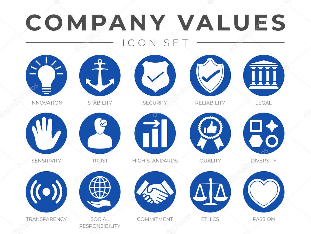 Business Company Values Round Icon Set. Innovation, Stability, Security, Reliability, Legal, Sensitivity, Trust, High Standard, Quality, Diversity, Transparency, Social Responsibility, Commitment, Ethics, Passion Icons.