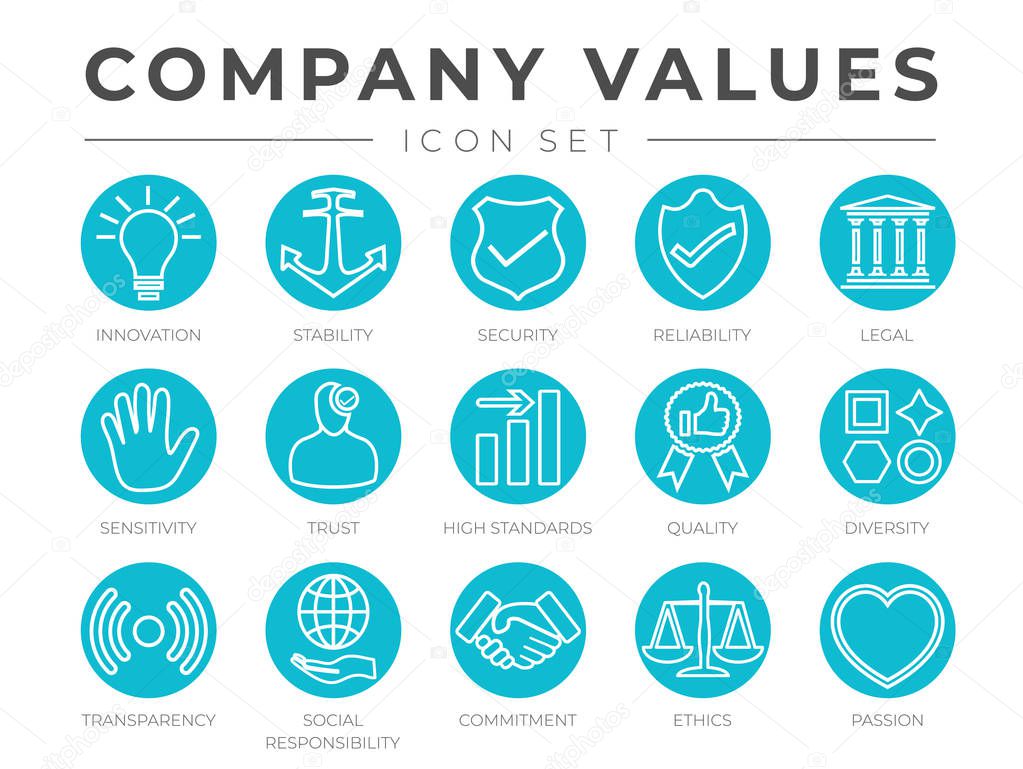 Company Core Values Round Outline Icon Set. Innovation, Stabilit