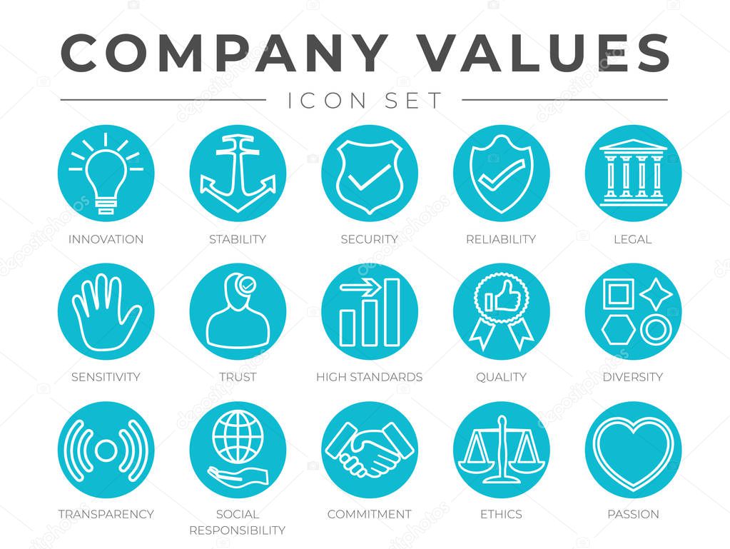 Company Core Values Round Outline Icon Set. Innovation, Stability, Security, Reliability, Legal and Sensitivity, Trust, High Standard, Quality, Diversity, Transparency, Social Responsibility, Commitment, Ethics, Passion Icons.