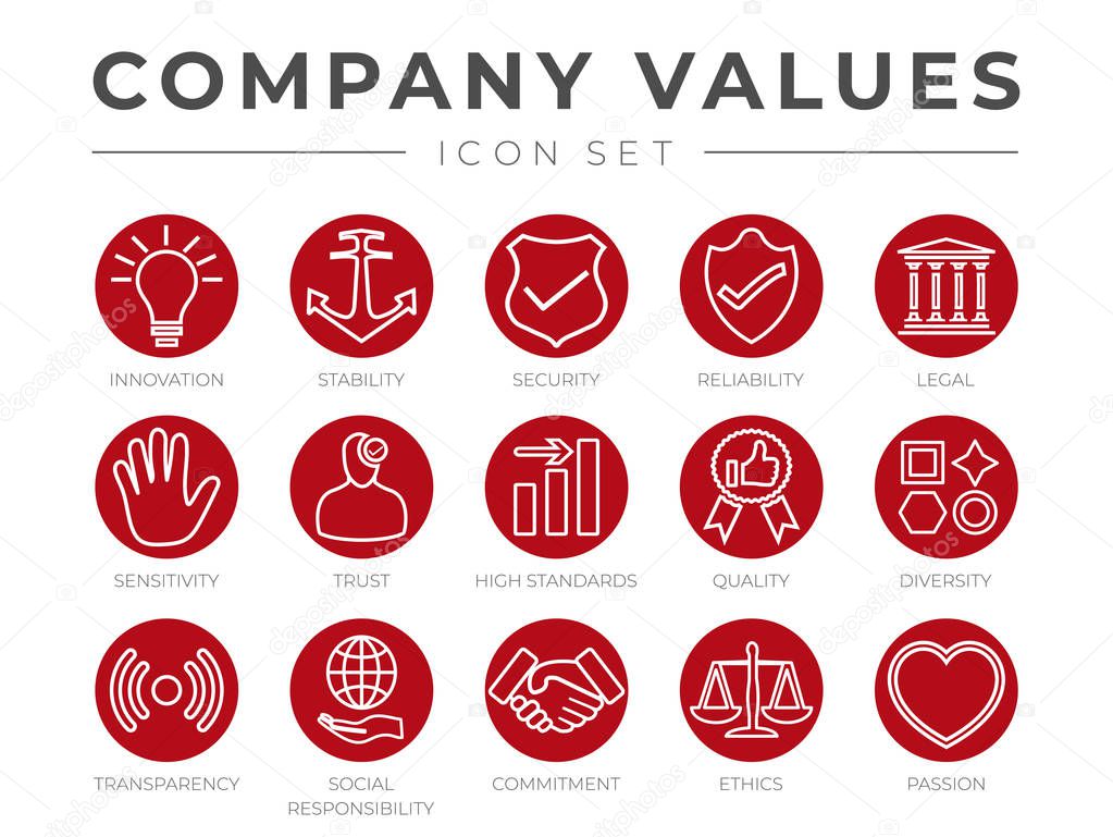 Business Company Core Values Outline Icon Set. Innovation, Stability, Security, Reliability, Legal and Sensitivity, Trust, High Standard, Quality, Diversity, Transparency, Social Responsibility, Commitment, Ethics, Passion Icons.