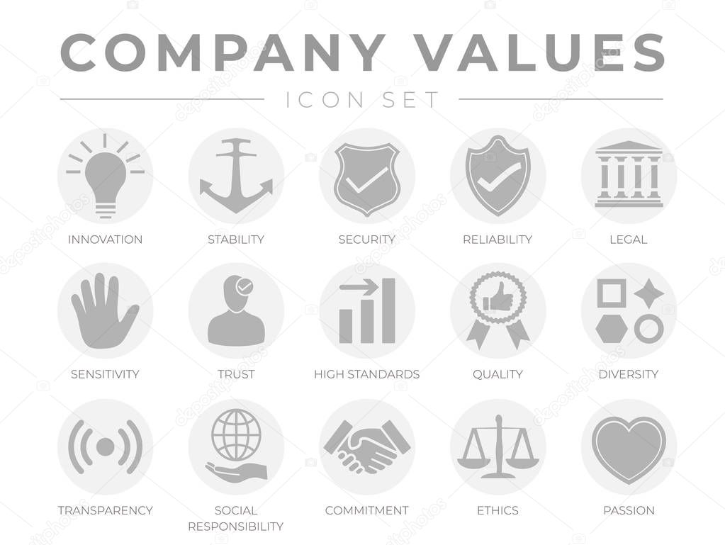 Business Company Values Gray Light Icon Set. Innovation, Stability, Security, Reliability, Legal, Sensitivity, Trust, High Standard, Quality, Diversity, Transparency, Social Responsibility, Commitment, Ethics, Passion Icons.