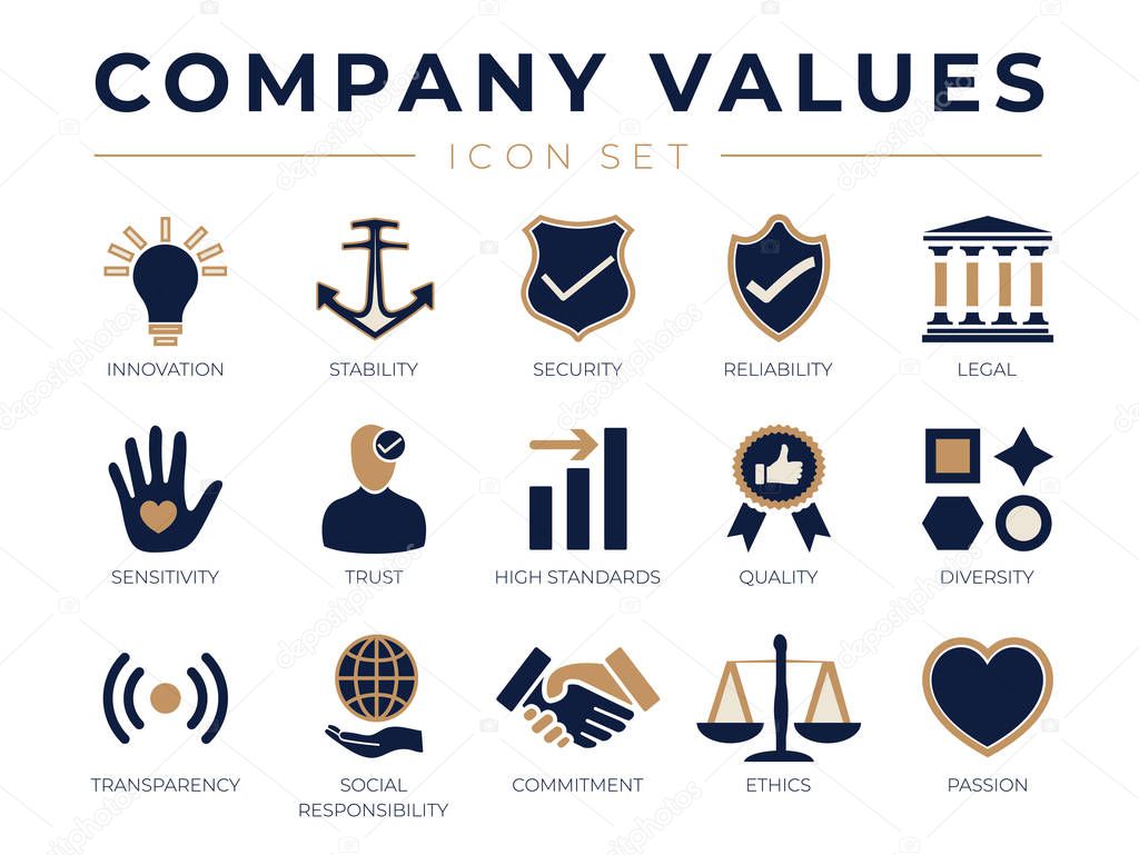Business Company Values icon Set. Innovation, Stability, Security, Reliability, Legal, Sensitivity, Trust, High Standard, Quality, Diversity, Transparency, Social Responsibility, Commitment, Ethics, Passion Icons.