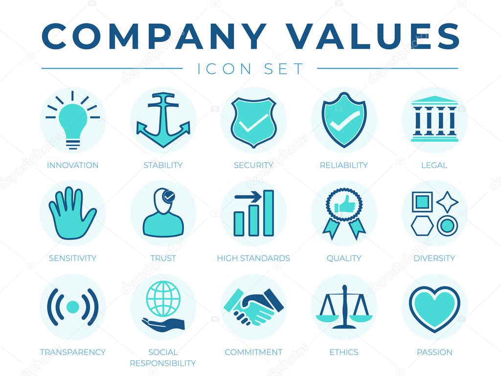 Business Company Values icon Set. Innovation, Stability, Security, Reliability, Legal, Sensitivity, Trust, High Standard, Quality, Diversity, Transparency, Social Responsibility, Commitment, Ethics, Passion Icons.