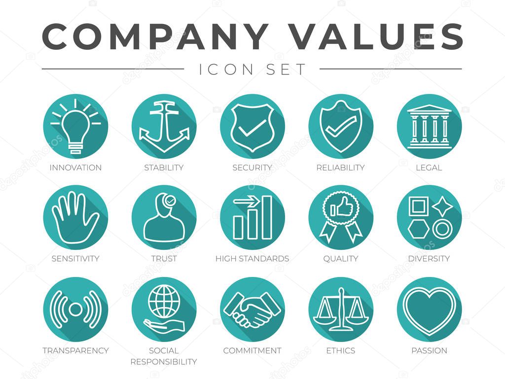 Flat Outline Company Core Values Icon Set Isolated. Innovation, Stability, Security, Reliability, Legal, Sensitivity, Trust, High Standard, Quality, Diversity, Transparency, Social Responsibility, Commitment, Ethics, Passion Icons.