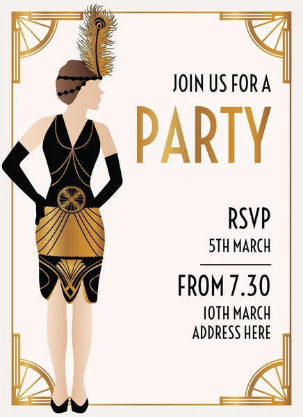 Gatsby Style Art Déco Invitation Design Avec Gold Woman — Image vectorielle