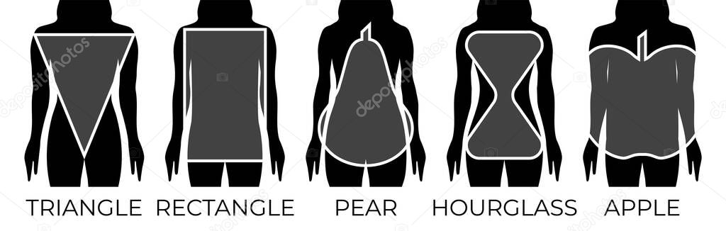 Woman Body Shapes Triangle, Rectangle, Apple, Pear and Hourglass Black and White Illustration