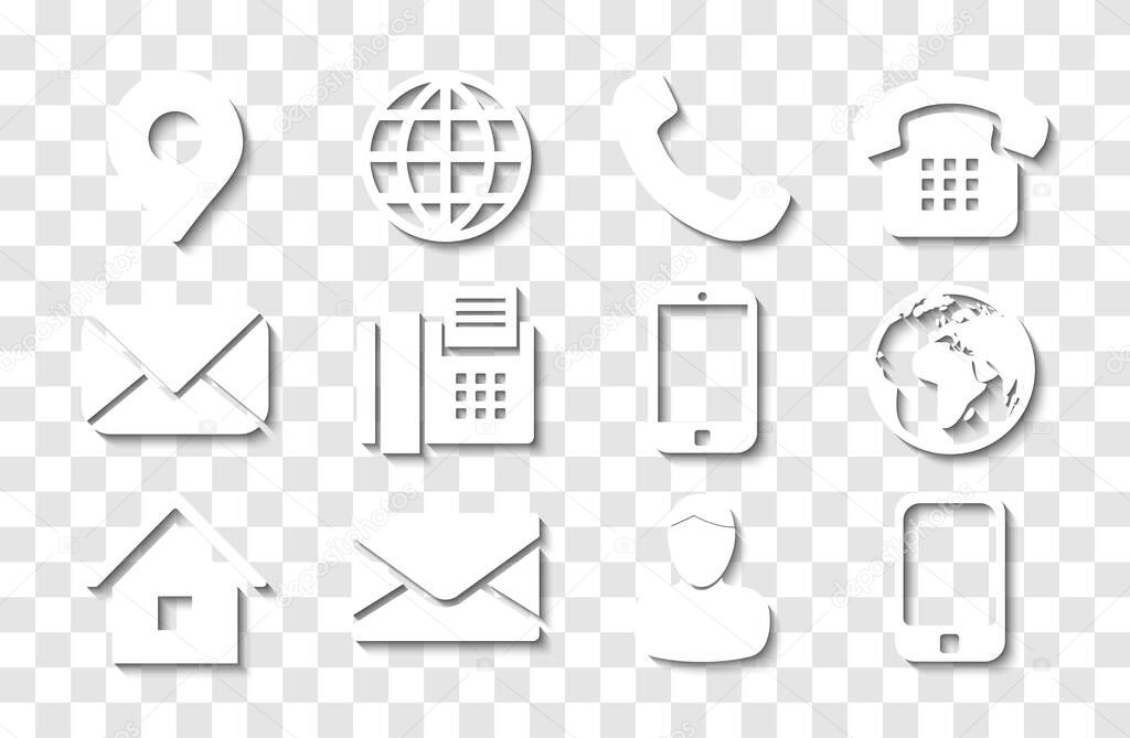 White Contact Info Icon Set with Shadows for Location Pin, Phone, Fax, Cellphone, Person and Email Icons.