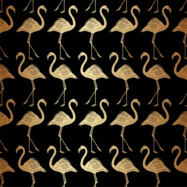 Czarny Złoty Wzór Flamingo Blackground — Wektor stockowy