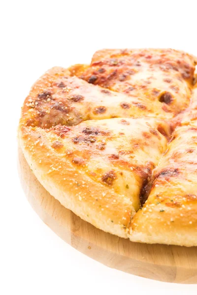 Cheese pizza on wooden plate — Stock Photo, Image