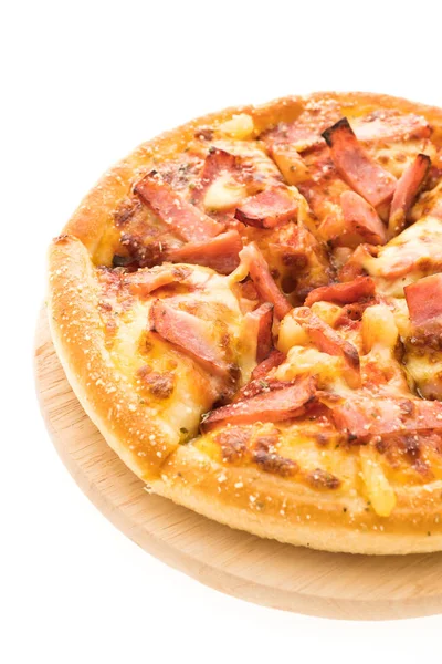 Hawaiian pizza on wooden plate — Stock Photo, Image