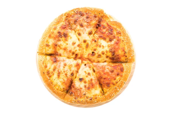 Cheese pizza on wooden plate Stock Photo