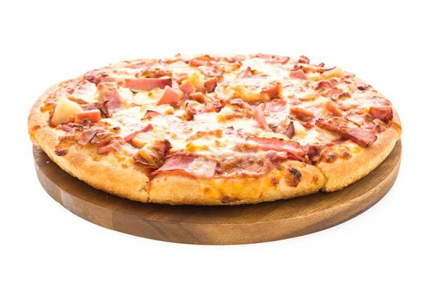 Hawaiian pizza on wooden plate — Stock Photo, Image