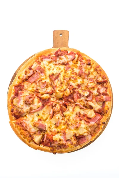 Hawaiian pizza on wooden plate — Stock Photo, Image