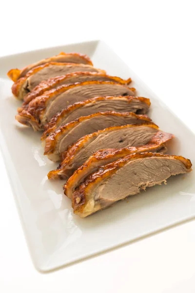 Grilled duck meat in white plate — Stock Photo, Image