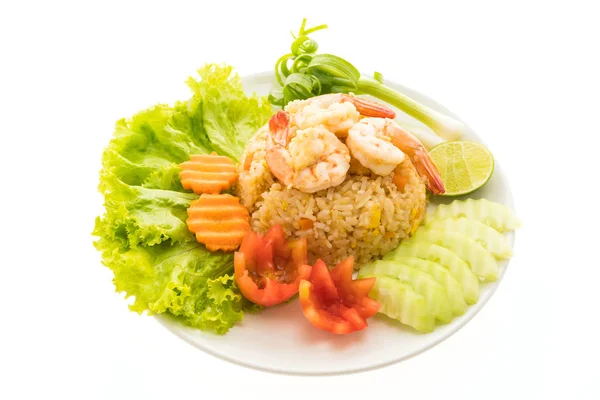 Smažená rýže s krevetami a krevety na vrcholu v bílé desky — Stock fotografie