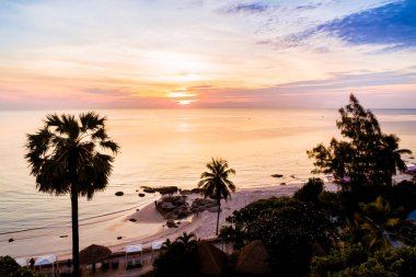 Deniz ve plaj ile siluet Hindistan cevizi hurma ağacı