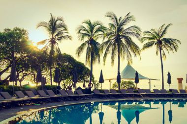 Siluet Hindistan cevizi hurma ağacının Yüzme Havuzu etrafında