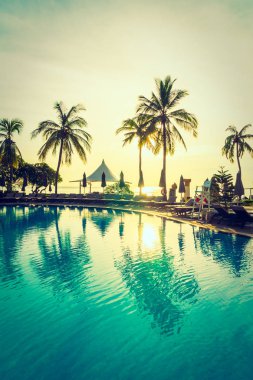 Siluet Hindistan cevizi hurma ağacının Yüzme Havuzu etrafında