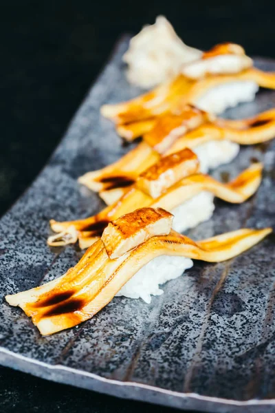 Grilled eel fish sushi with foie gras on top — Stock Photo, Image