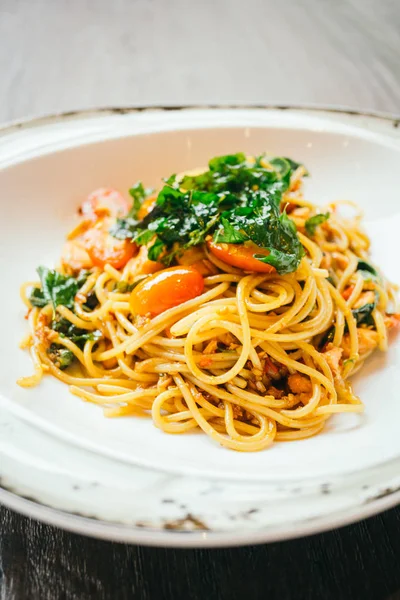 Spicy spaghetti and pasta with salmon — Stock Photo, Image