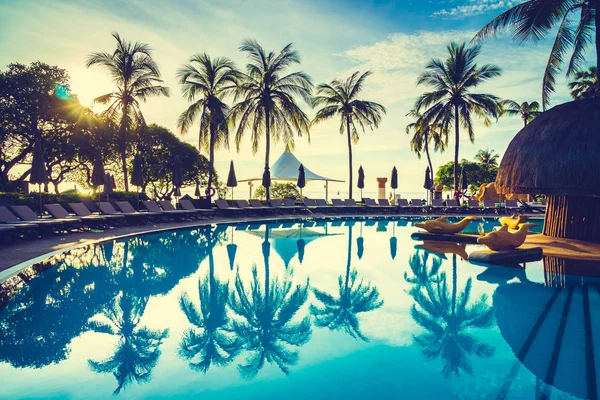 Silhouette palma da cocco intorno alla piscina — Foto Stock