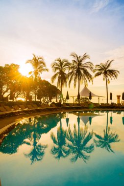 Siluet Hindistan cevizi hurma ağacının Yüzme Havuzu etrafında