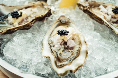 Ham ve taze istiridye havyar üstte ve limon ile