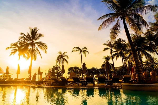 Siluetă palmier de nucă de cocos în jurul piscinei — Fotografie, imagine de stoc