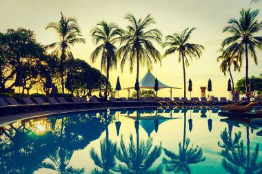 Siluet Hindistan cevizi hurma ağacının Yüzme Havuzu etrafında