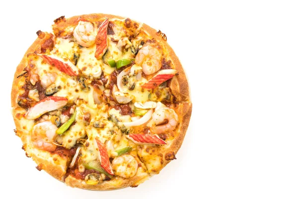 Seafood pizza on wooden tray — Stock Photo, Image